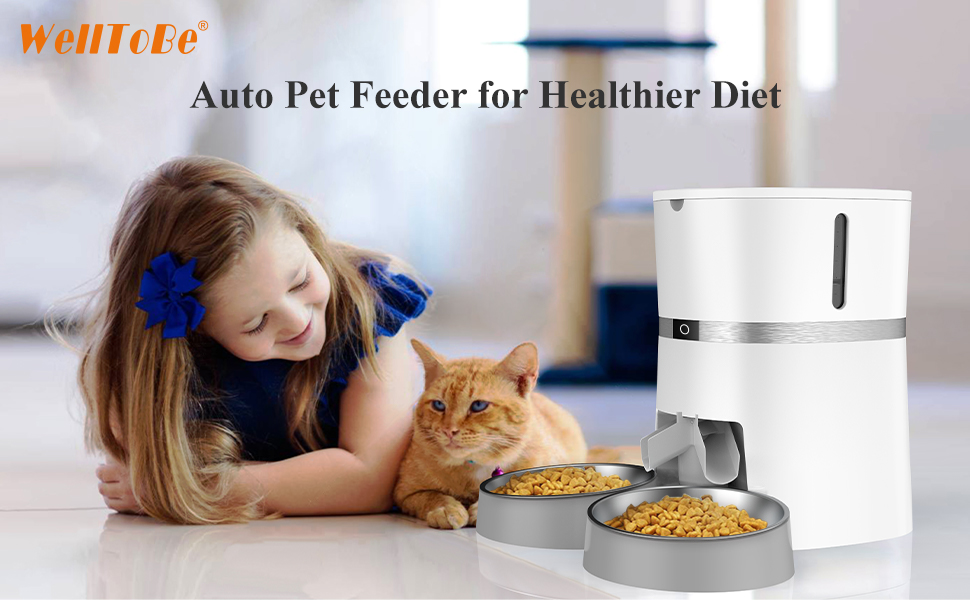 Automatic Cat Feeder, WellToBe Pet Feeder, Food Dispenser for Cat & Small Dog with Two-Way Splitter and Double Bowls, up to 6 Meals with Portion Control, Voice Recorder, Battery and Plug-in Power